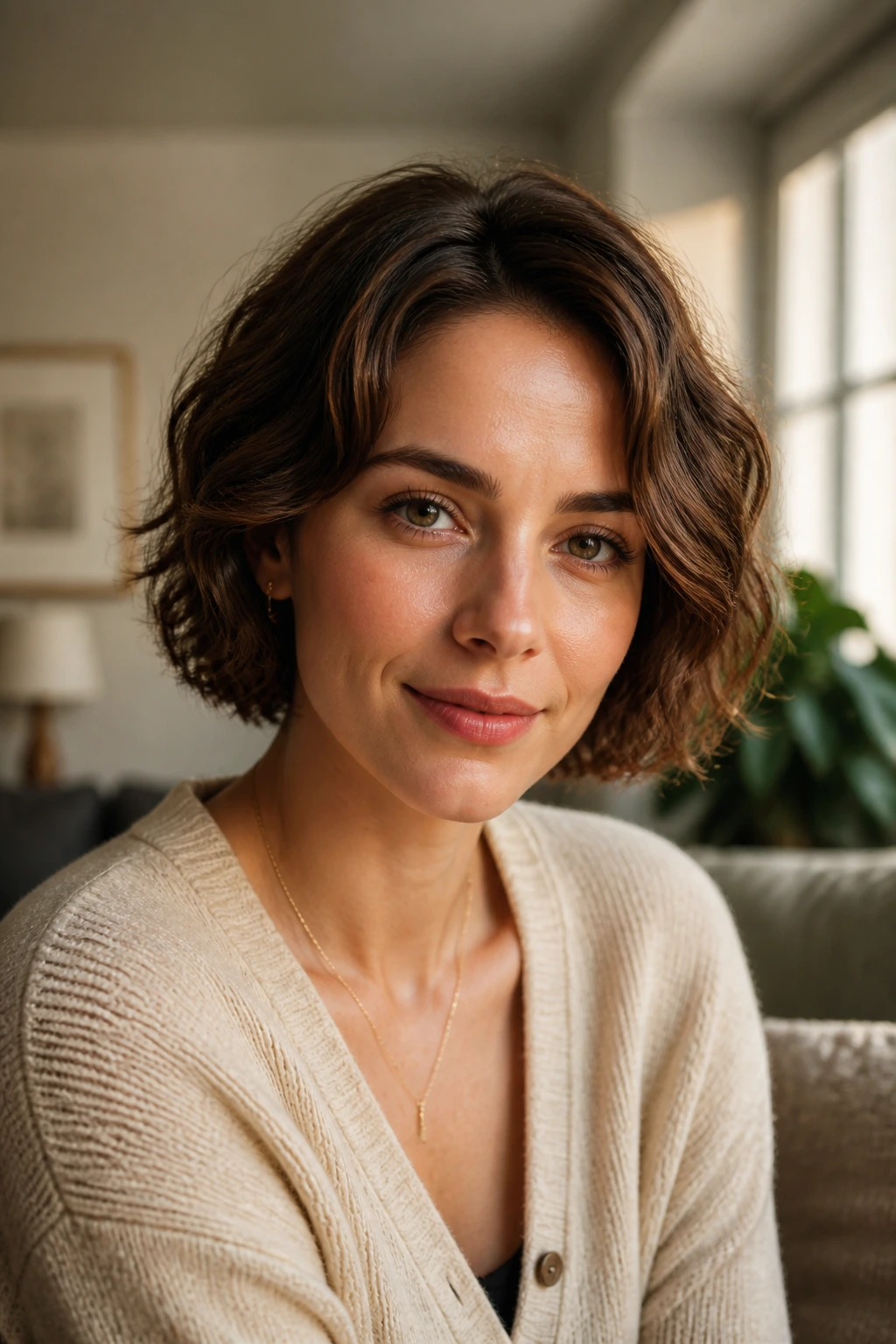 Close-up portrait of a real woman with a balanced short bob showing versatility for oval faces with wavy hair