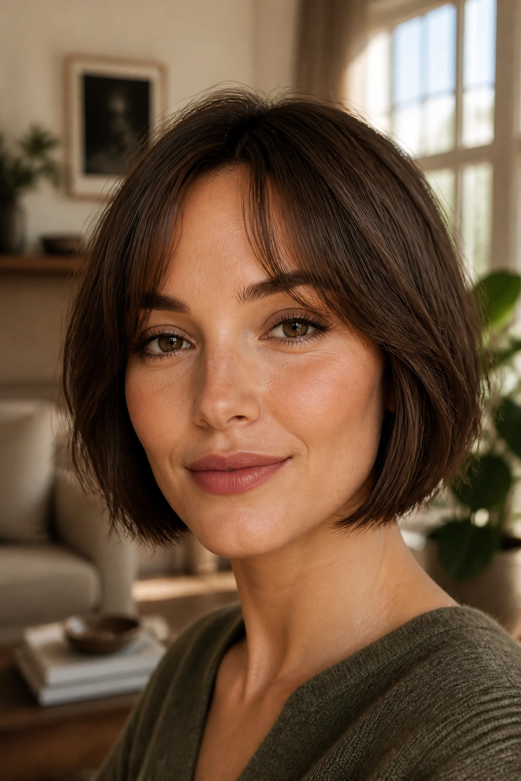 Close-up portrait of a woman with a short bob with bangs and open fringe
