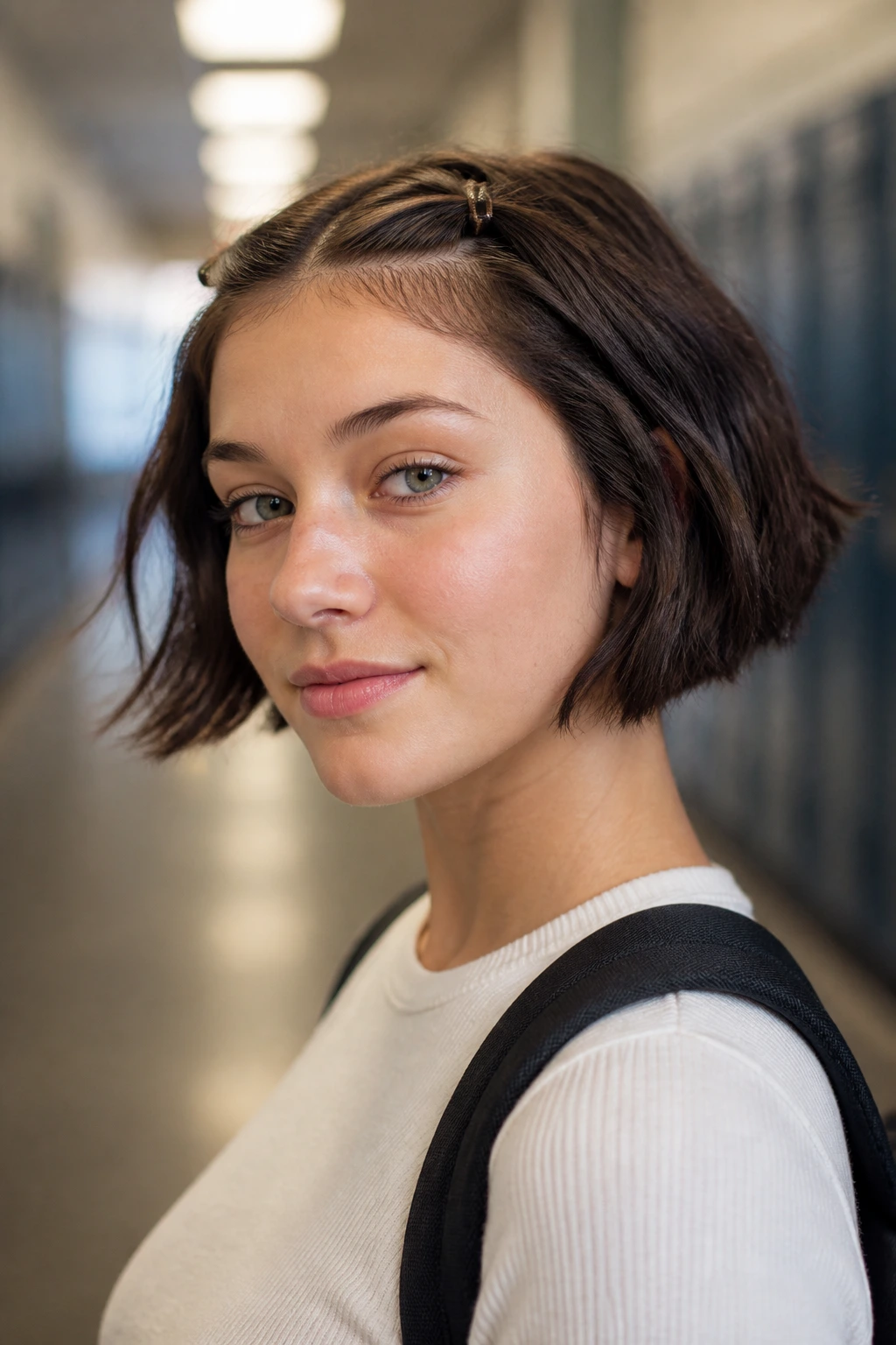 Portrait of a person with a short bob and mini clips at the front