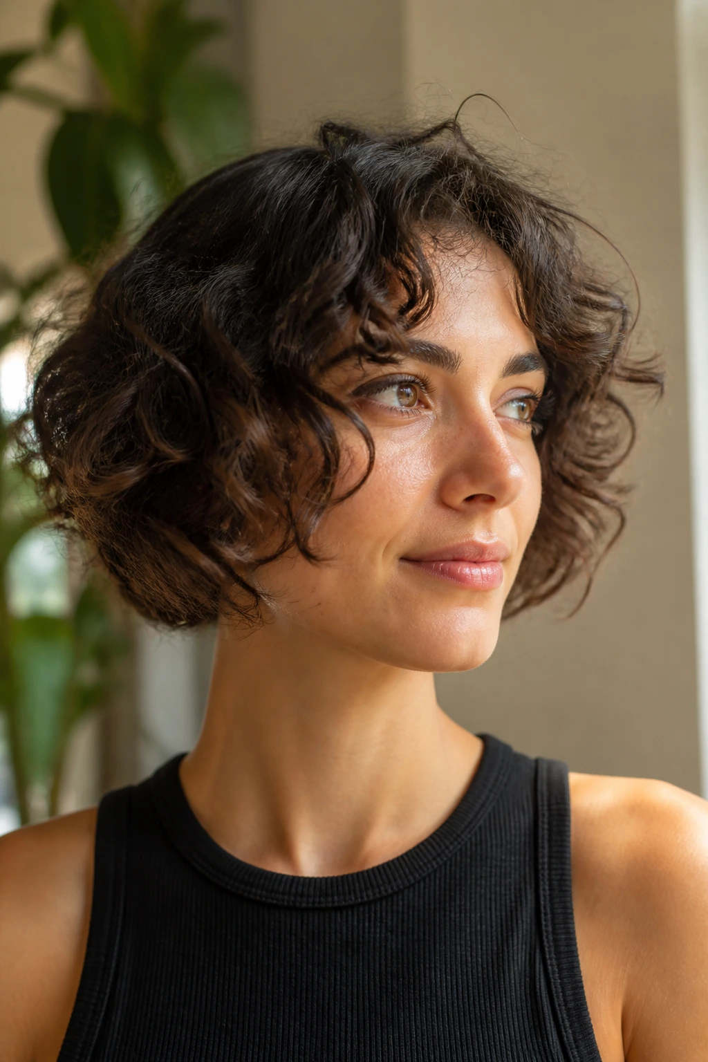 Real person with a cropped short bob illustrating curl behavior under natural light