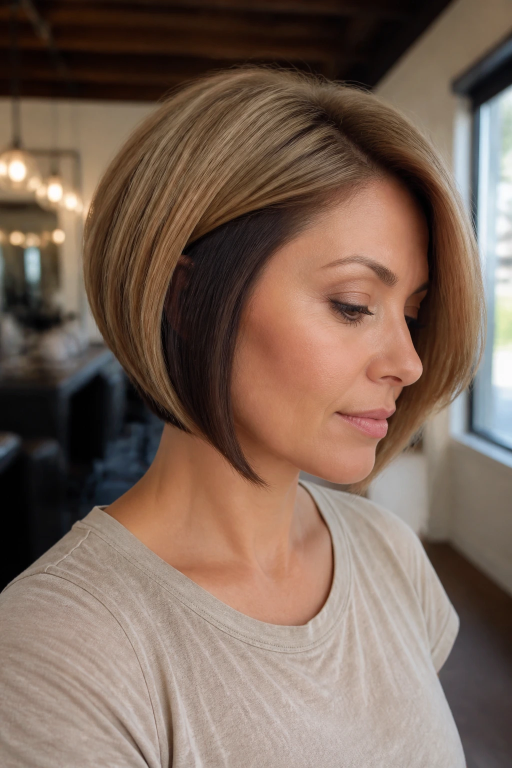 Close-up portrait of a real woman with a short swoop bob showing espresso underdimension under dark blonde hair.
