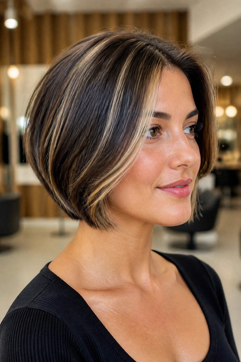 Close-up of a real woman with a short bob and brightening blonde strands at the front and crown