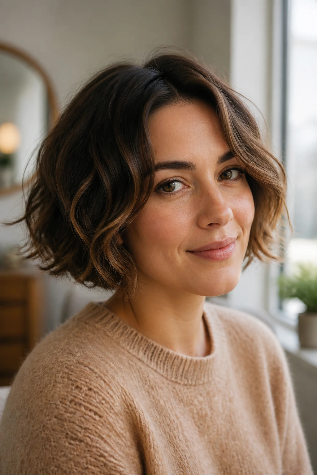 Close-up portrait of a real woman with a maintained short wavy bob between salon visits