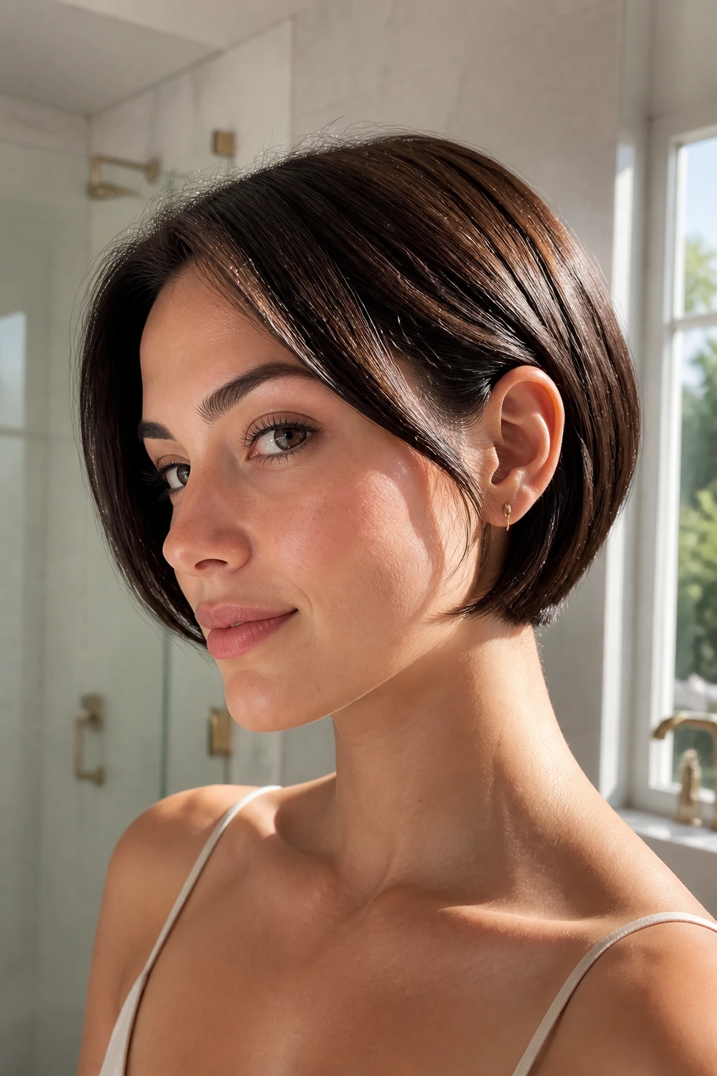 Portrait of a person with a crisp short bob maintaining shape between trims