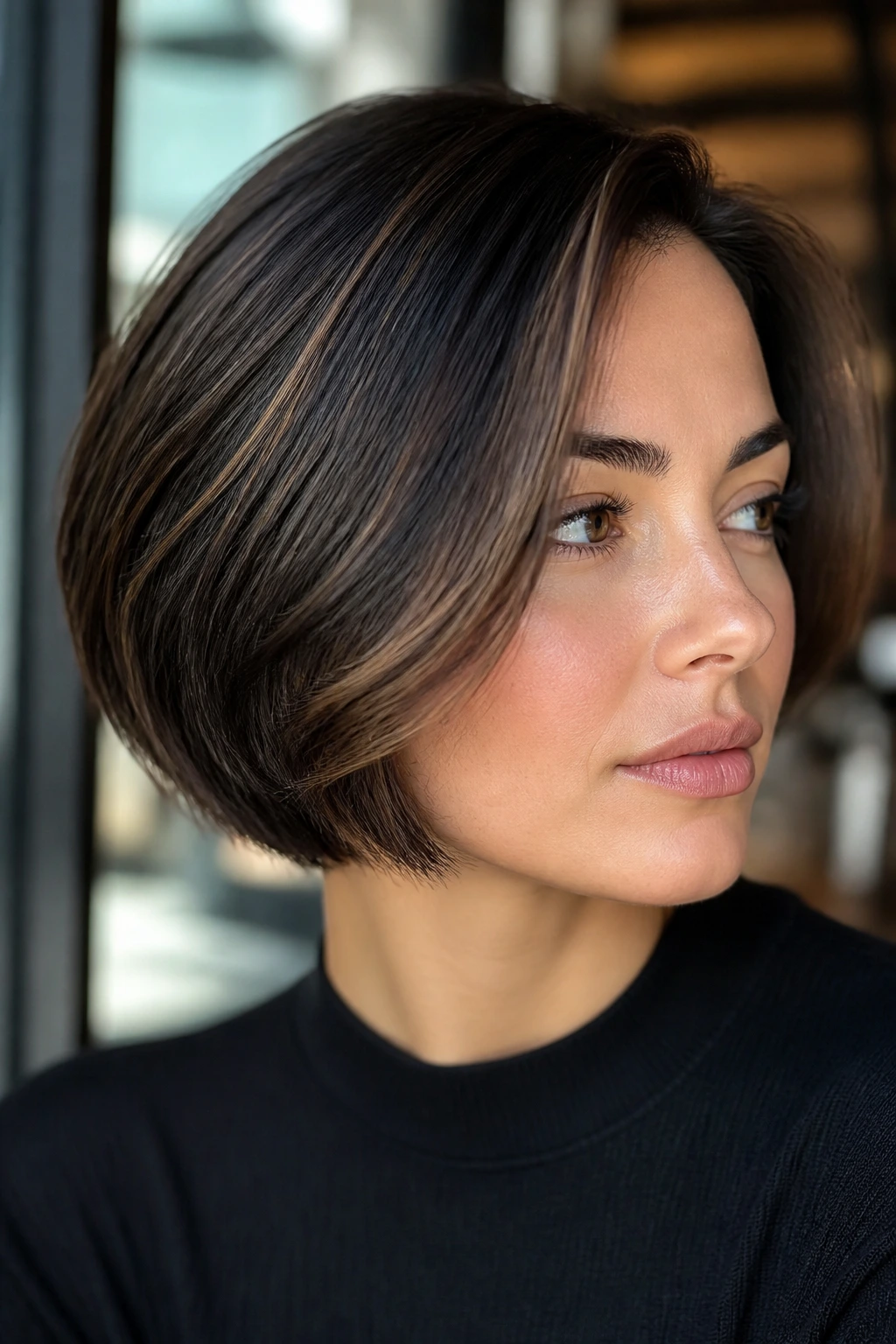 Close-up of a short bob with micro-bronze highlights around the face.