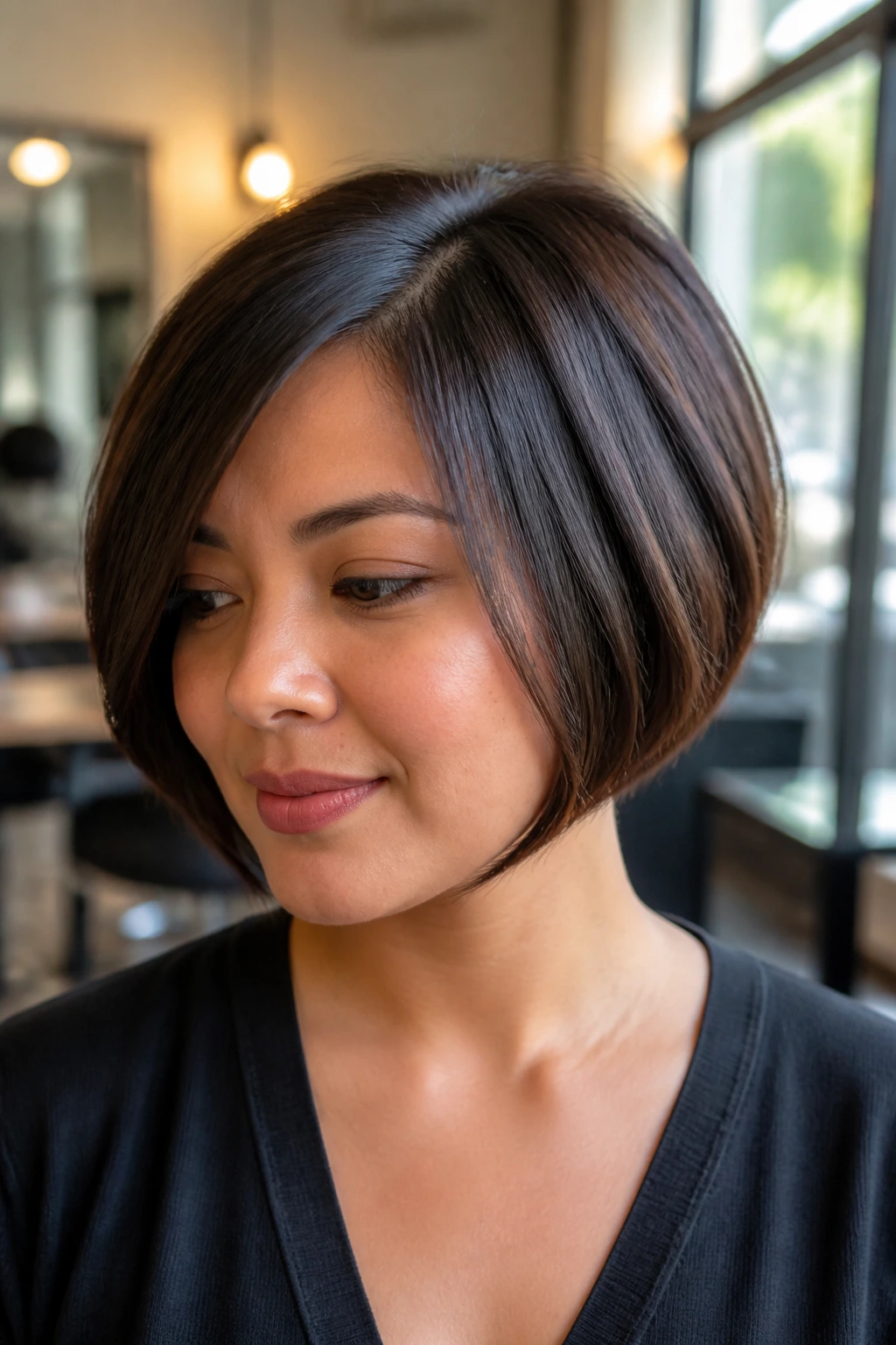 Close-up portrait of a real woman with a short bob showing an off-center part for a longer silhouette