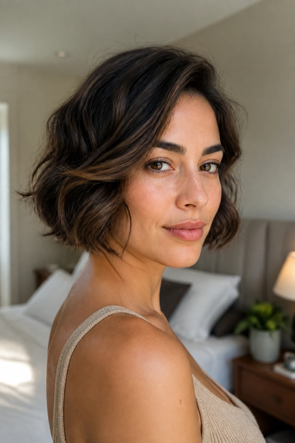Close-up portrait of a real person with a short wavy bob on an oval face