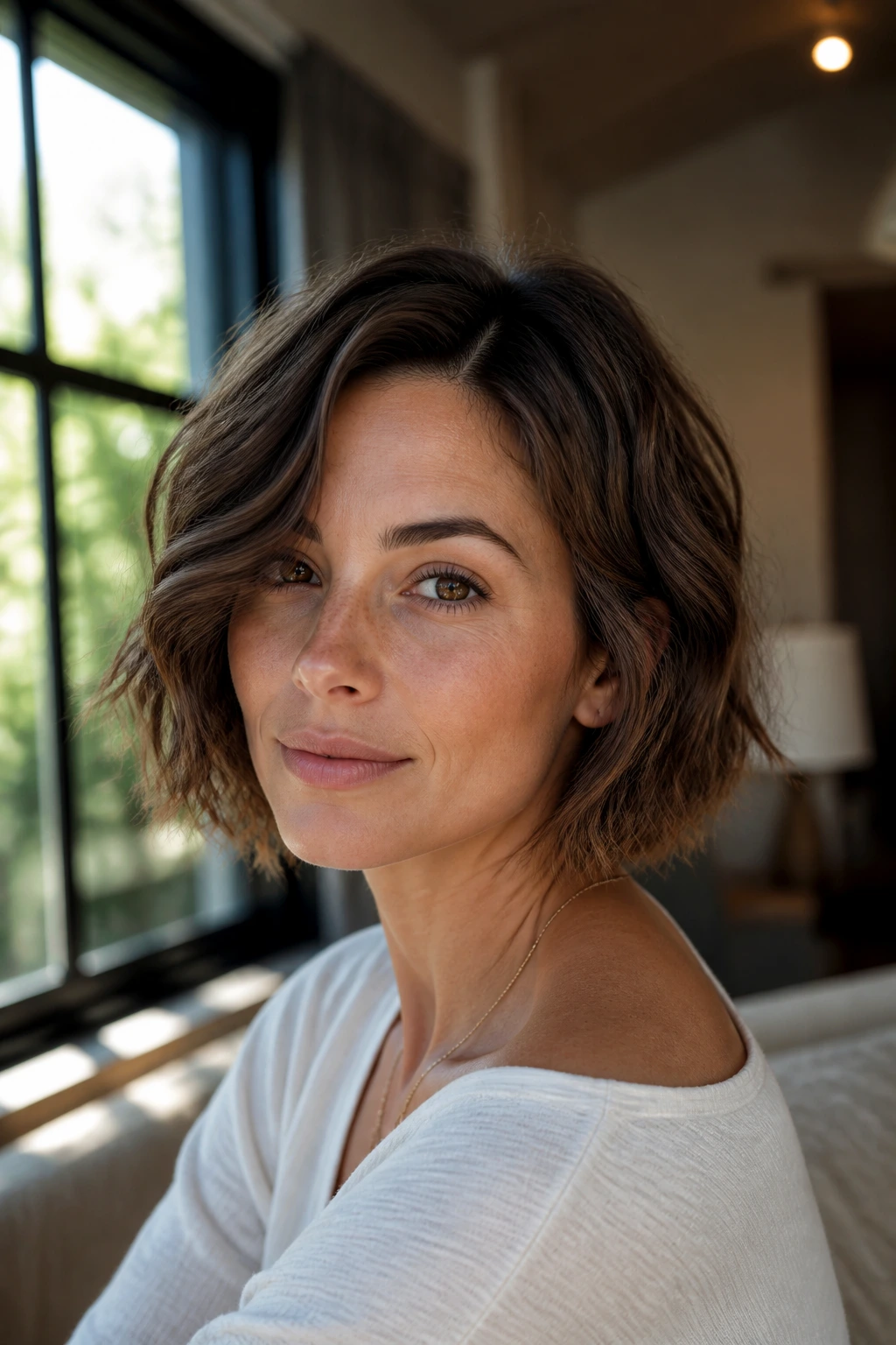 Portrait of a real woman with a short bob on an oval face with a side part