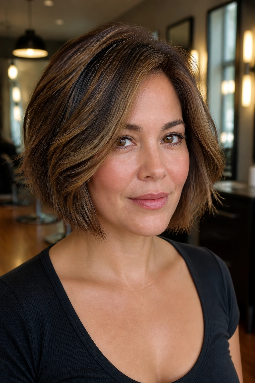 Close-up portrait of a woman with a short thick bob on a round face, warm lighting and subtle lowlights.