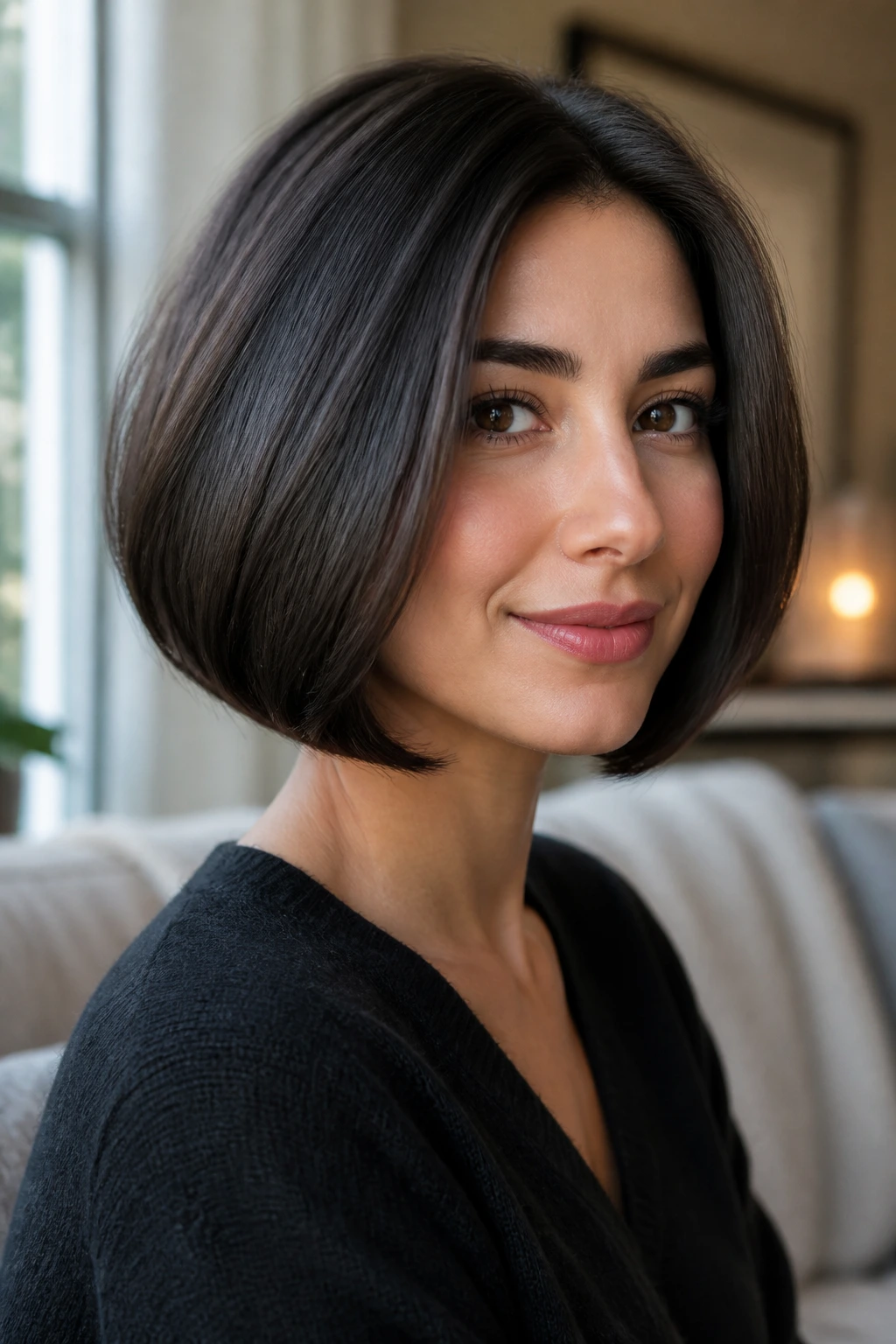 Close-up portrait of a real person with a short bob showing strong shape on an oval face