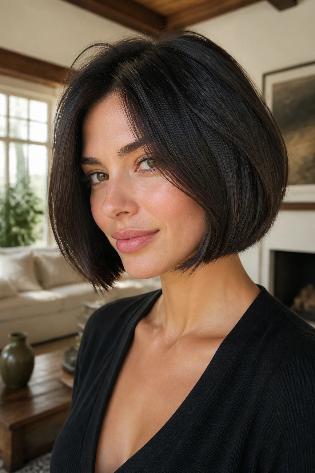Close-up portrait of a real person with a short bob on thick hair showing boundary and shape.