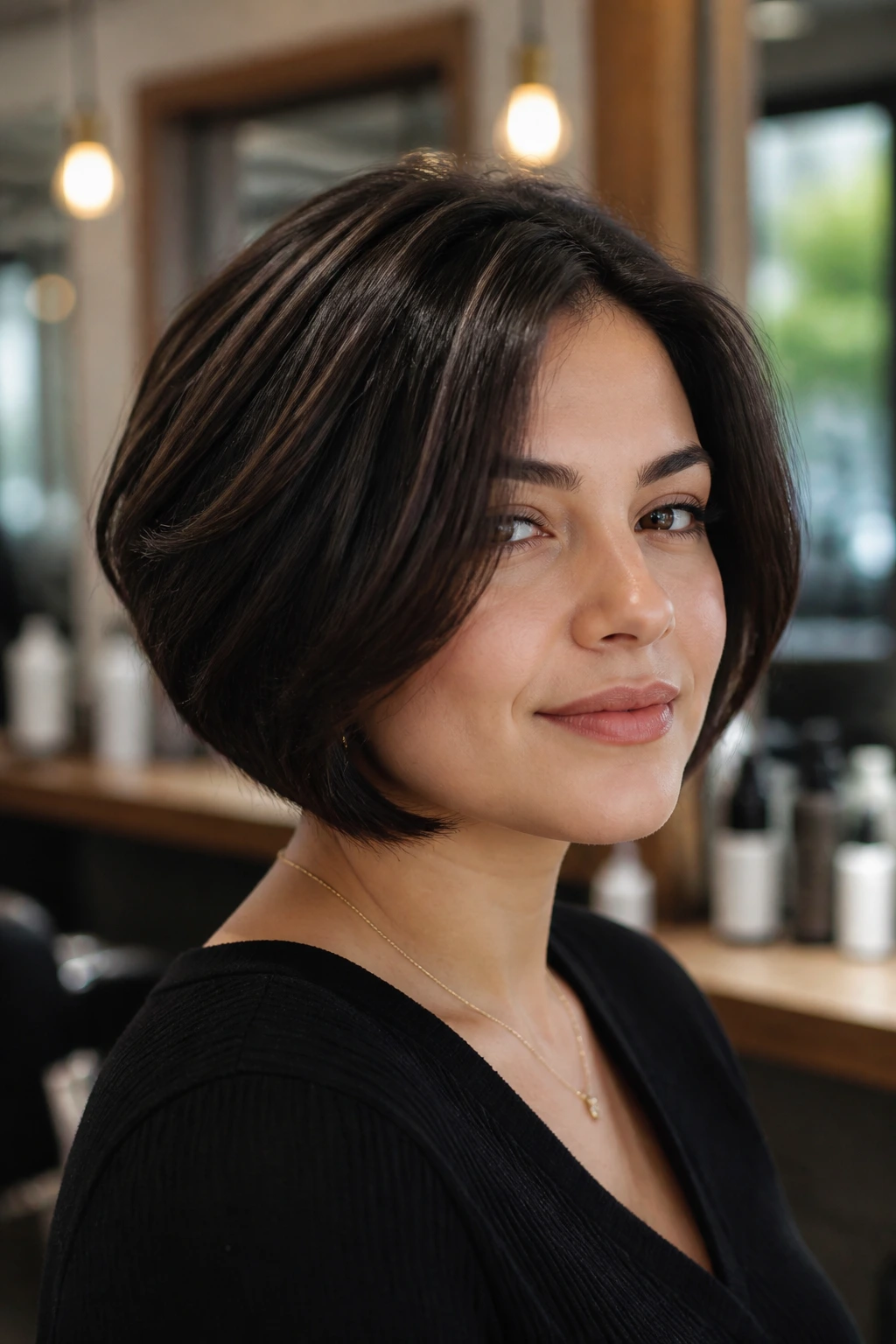Portrait of a person with a short bob and thick hair framed to flatter the face.