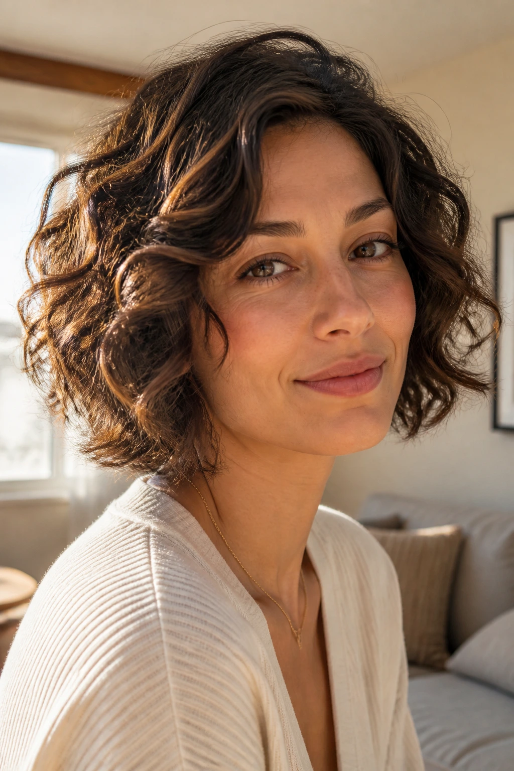 Close-up of a real woman with a soft air-dried short wavy bob in a sunlit room