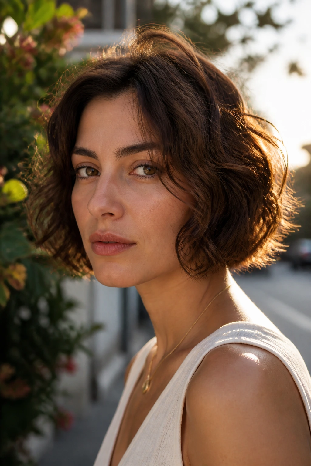 Close-up of a real woman with a chin-length wavy bob that breathes with the waves.