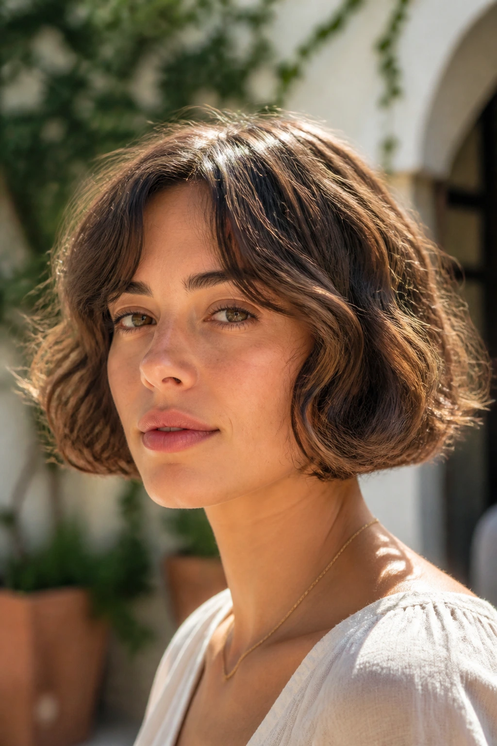 Close-up portrait of a real woman with a chin-length wavy bob outdoors