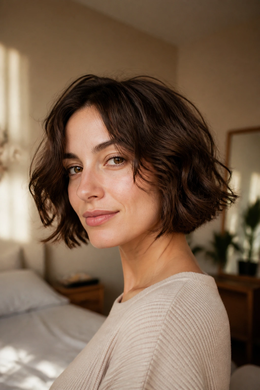 Portrait of a real woman with a jaw-length wavy bob in natural window light