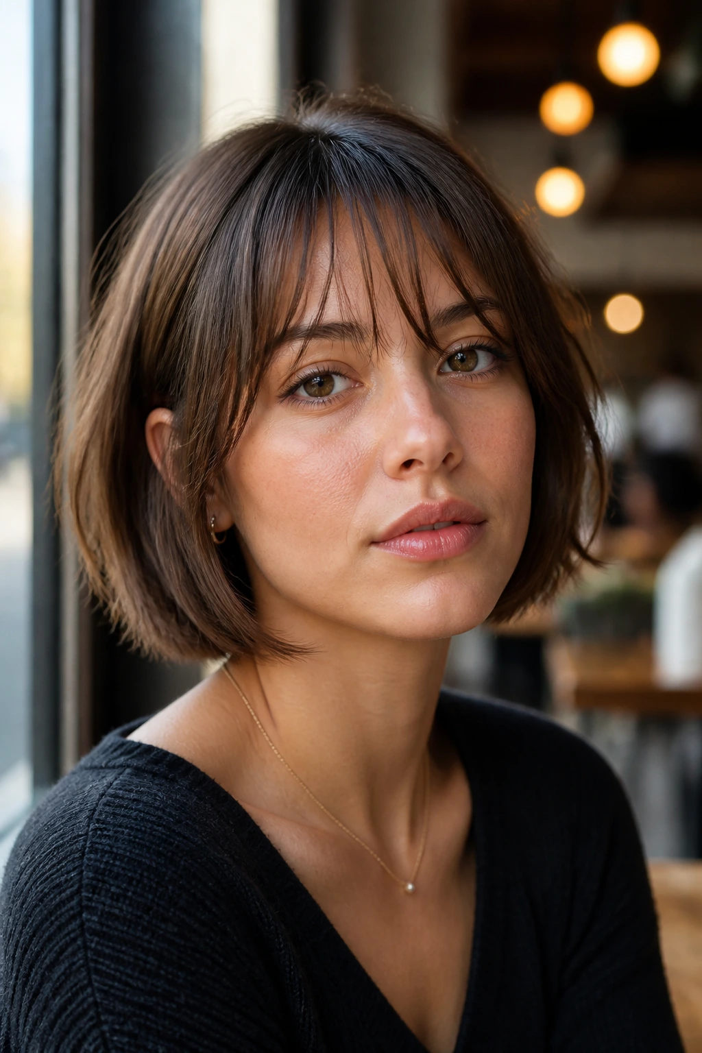Close-up portrait of woman with short bob and wispy brow-opening fringe.