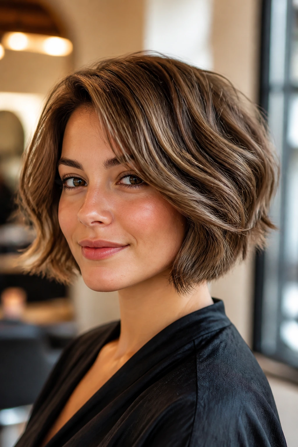 Portrait of a woman with a short bob highlighting balance and texture