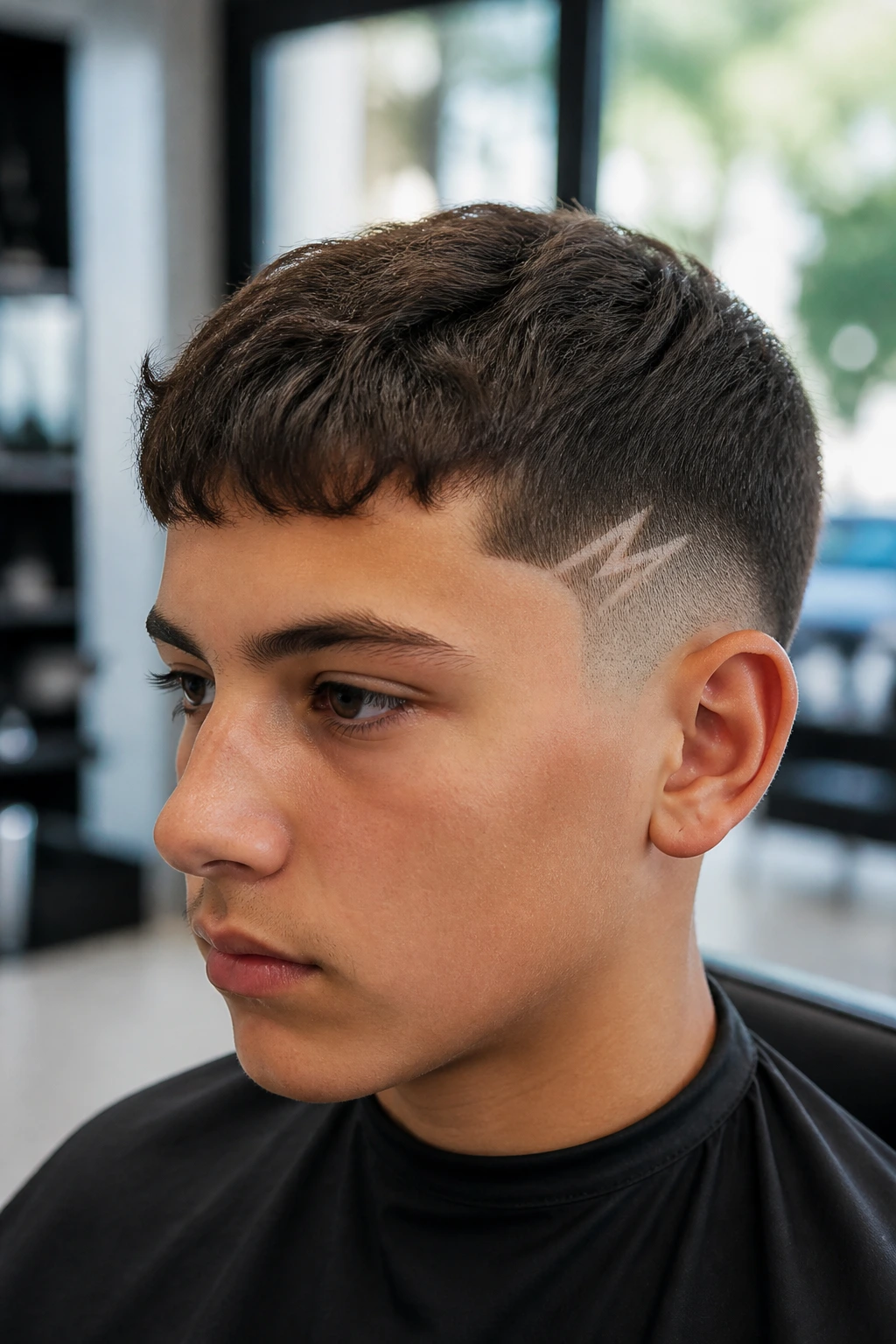 Close-up of a real boy with French crop and short bolt at the temple.