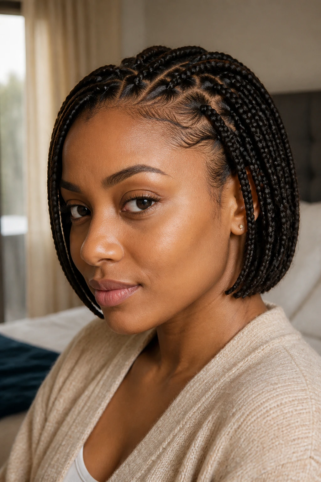 Close-up of a real woman with short braided ends tucked for protection.