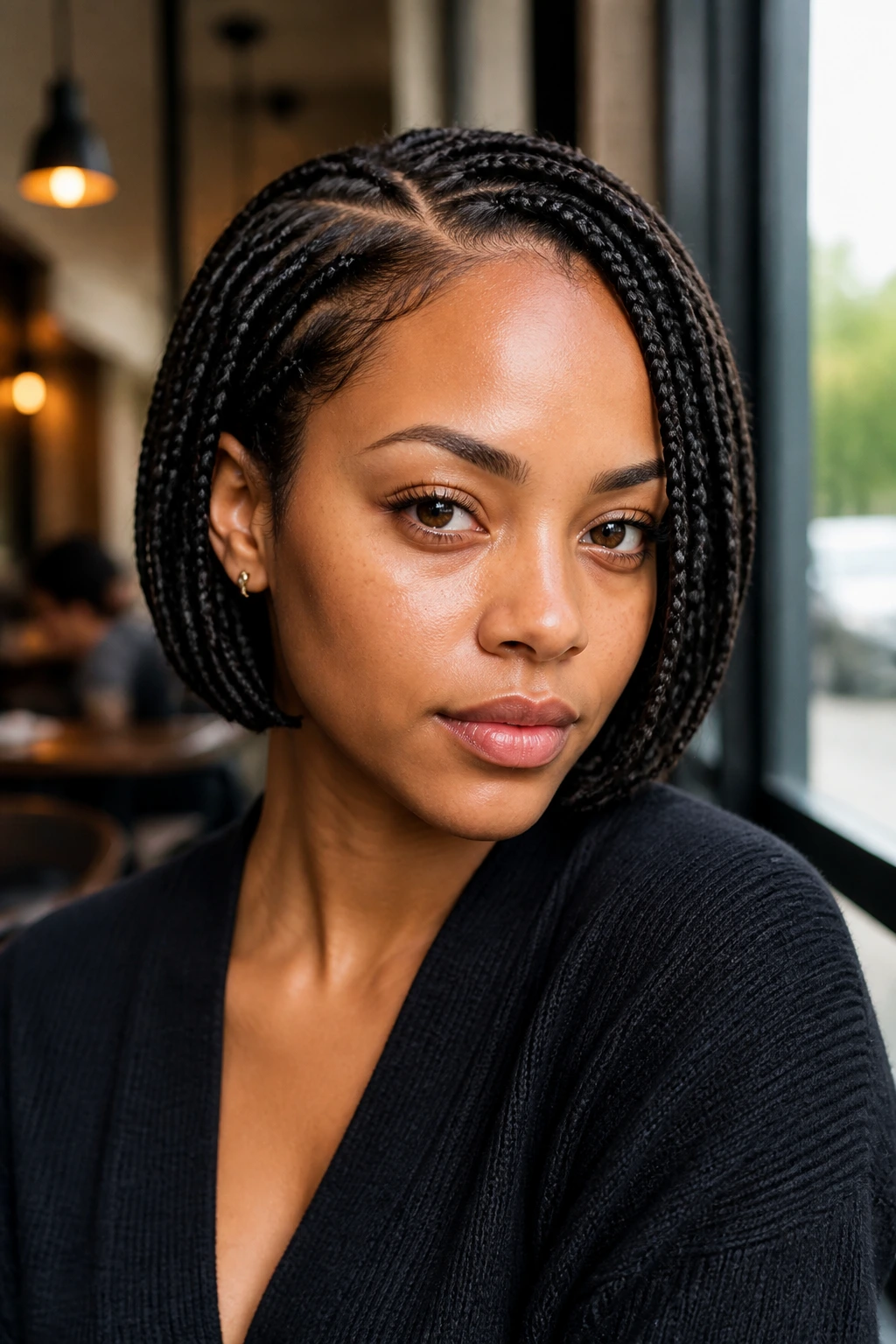 Close-up of a real woman with short braids and side part.