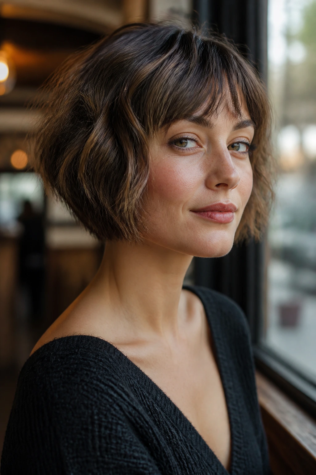 Close-up portrait of a real woman with a short choppy crop bob in a cafe setting