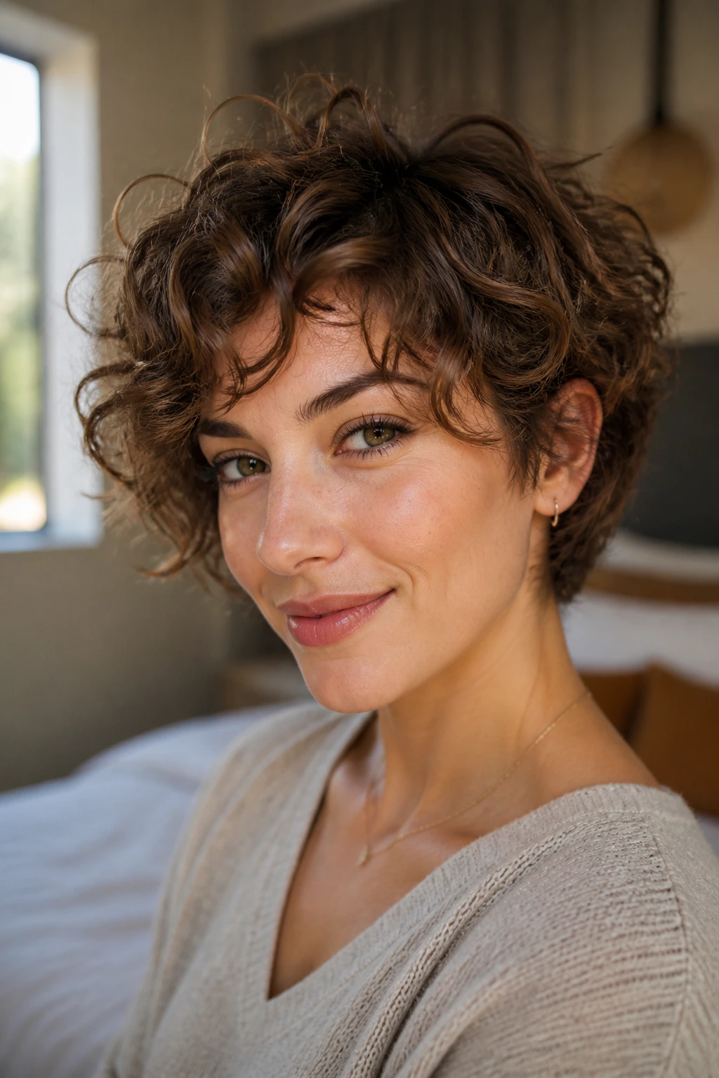 Close-up of a woman with a short, choppy haircut on fine loose curls showing shape and lift