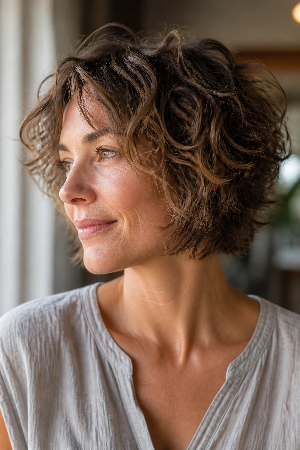 Close-up of a real woman with short choppy layers on thin loose curls