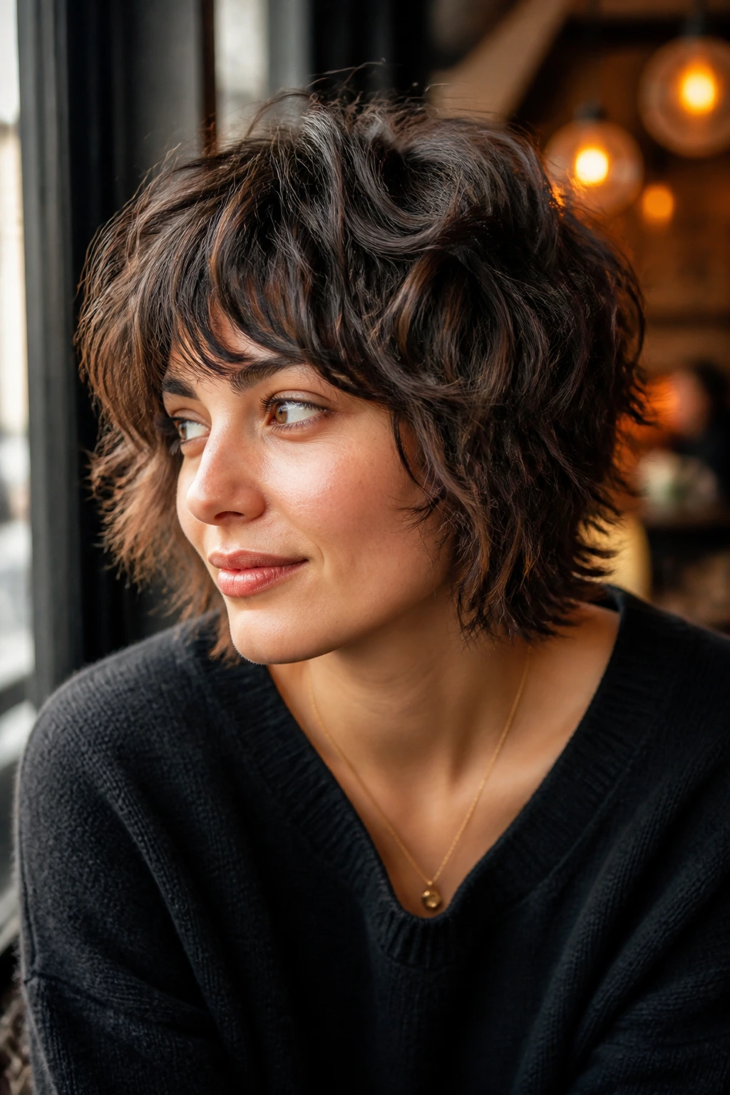 Close-up portrait of a real person with short choppy shag and side-swept bangs