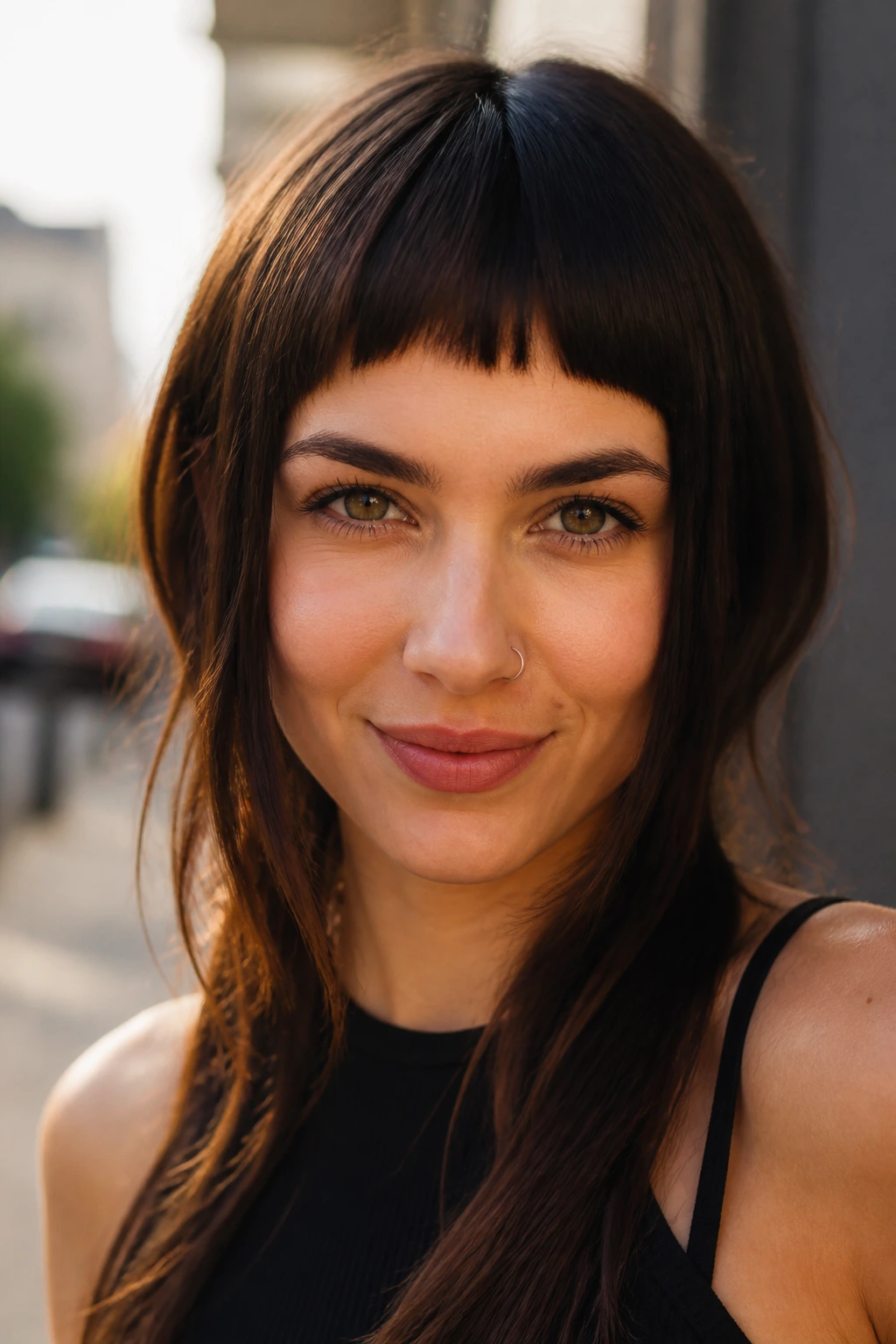 Close-up of a person with short chunky bangs and longer side pieces framing the face.