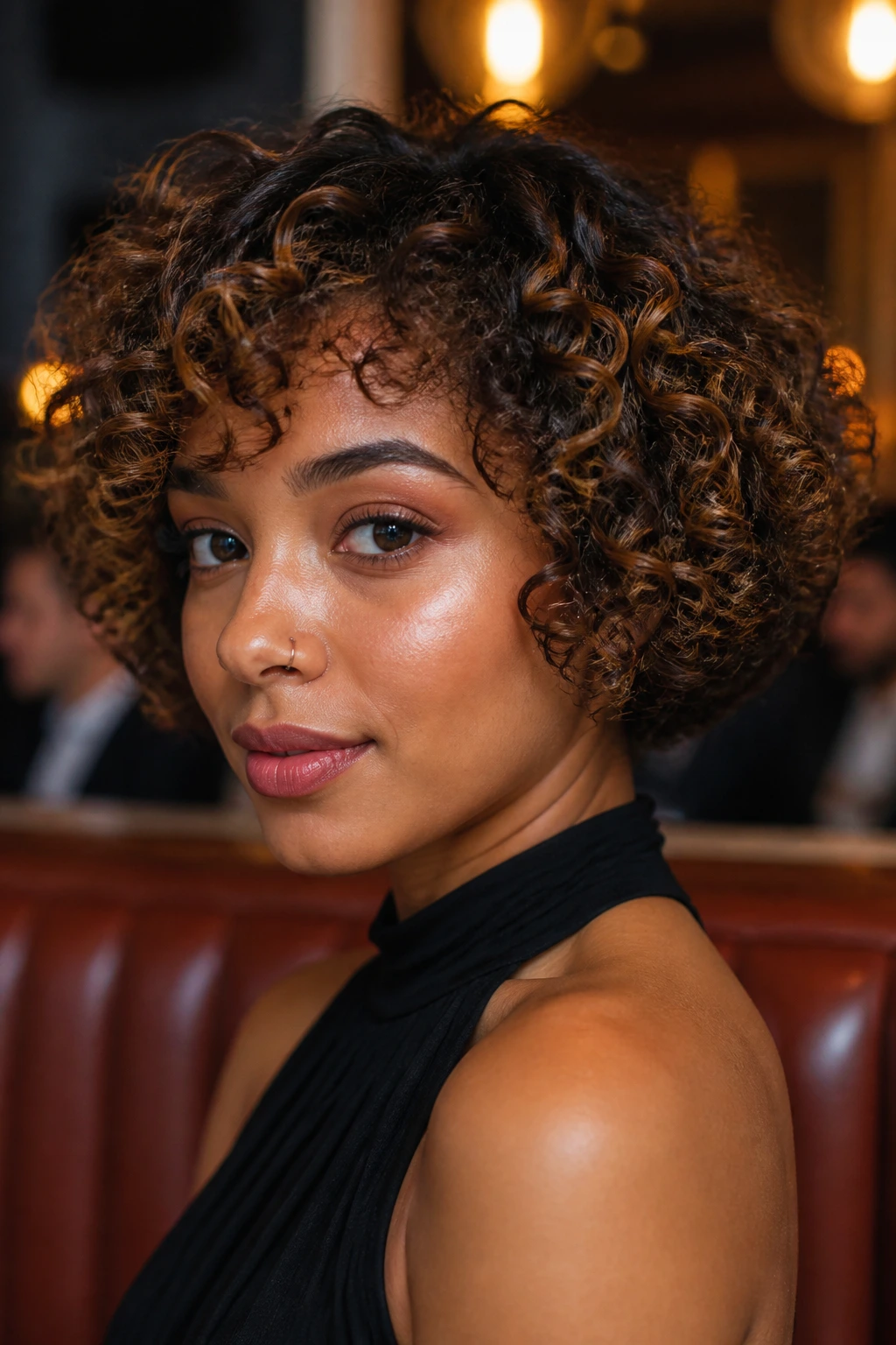 Close-up of a woman with short coil bob and amber babylights in a warm restaurant