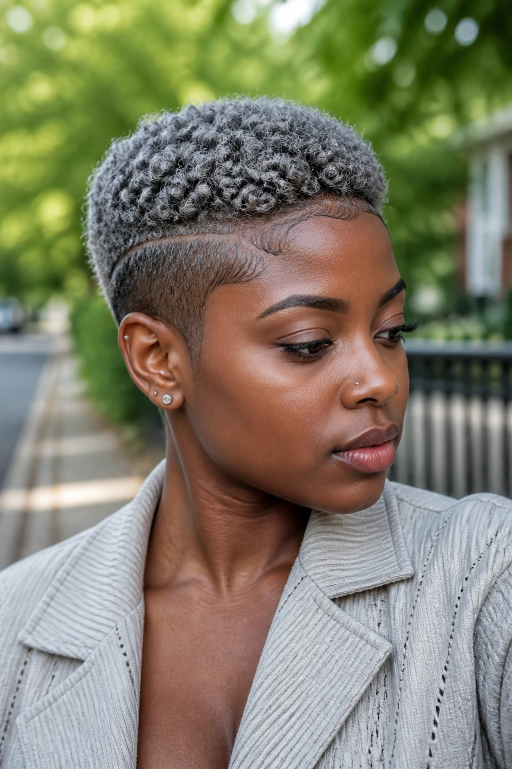 Close-up portrait of a real person with short silver-rinse coils and sculpted edges.