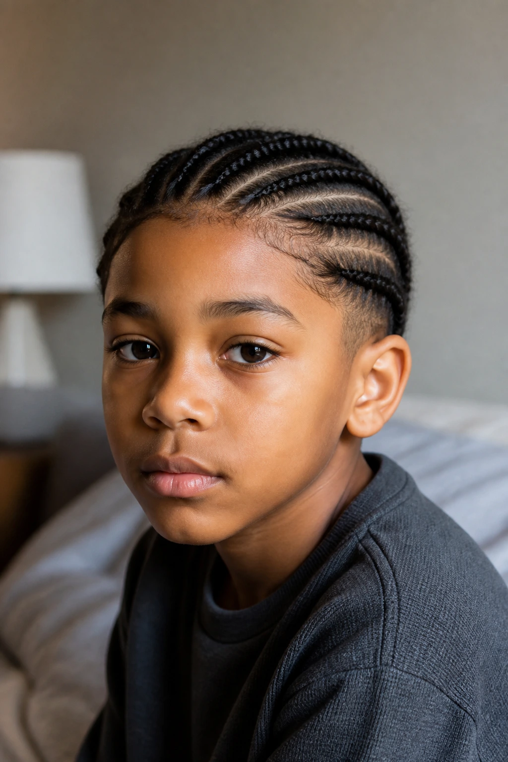 Close-up portrait of a real boy with short cornrows and tucked ends in a cozy bedroom.