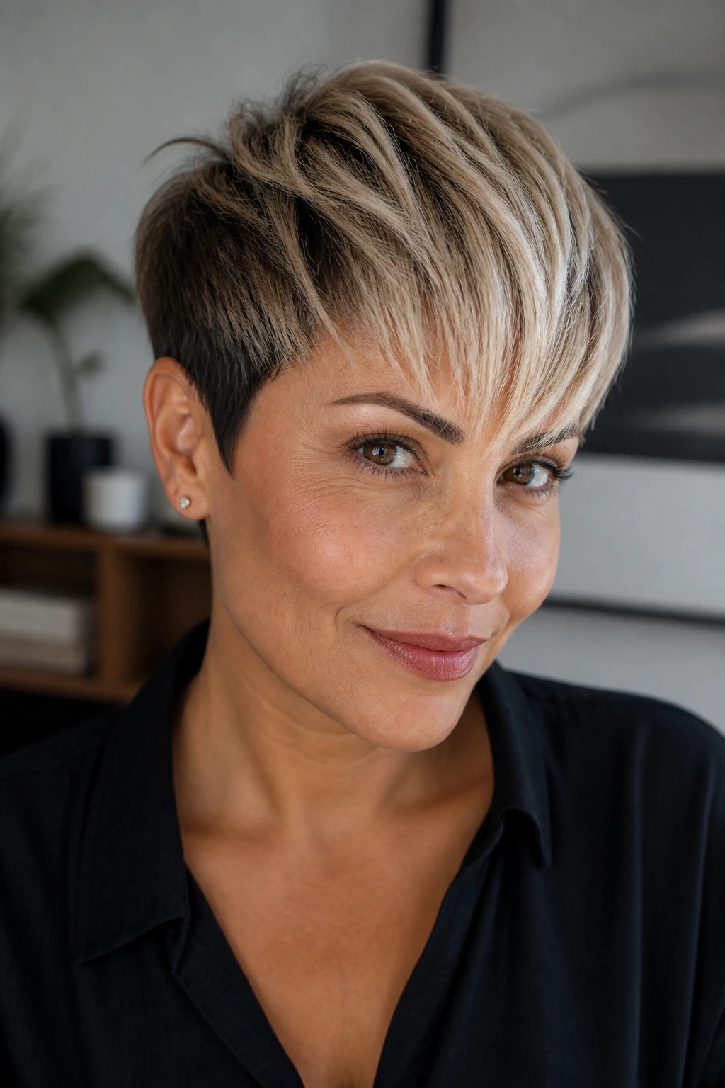 Portrait of a real person with a short crop and bright blonde fringe.