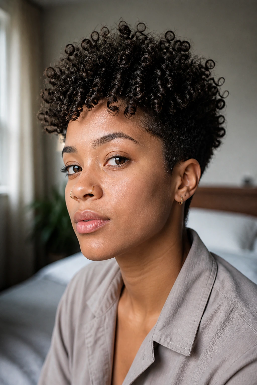 Close-up of a real person with short thick curls lifted at the roots.