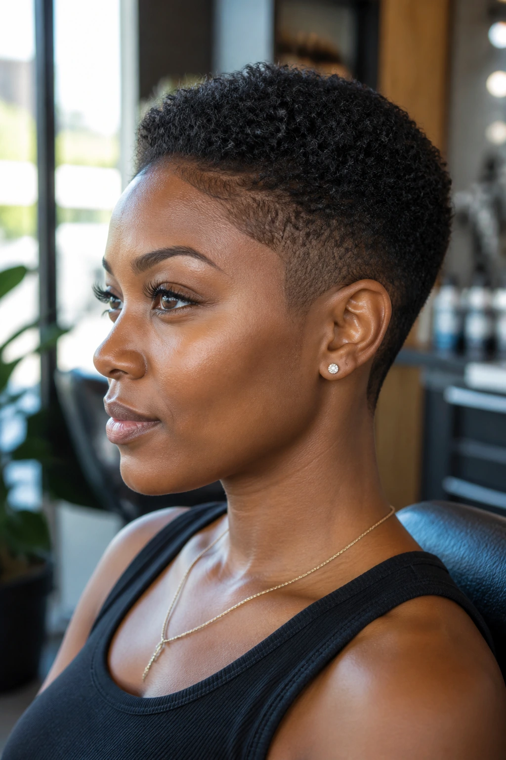 Close-up of a Black woman with a crisp short crop and clean neckline in a salon