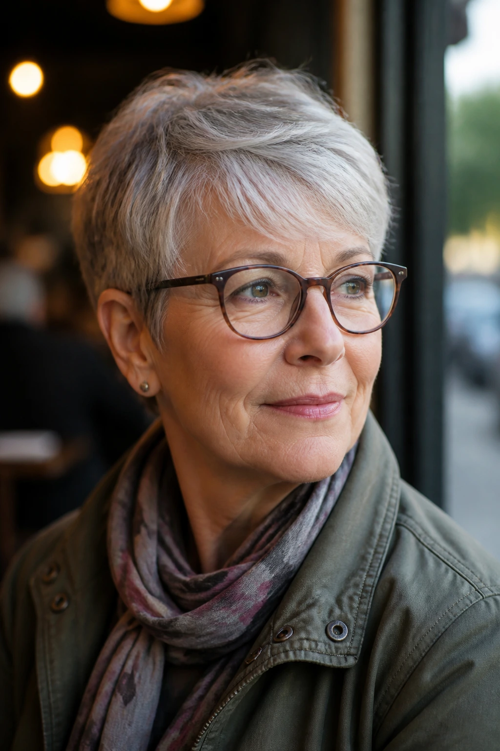 Close-up of an older woman with a swept-over fringe in a short crop under soft daylight.