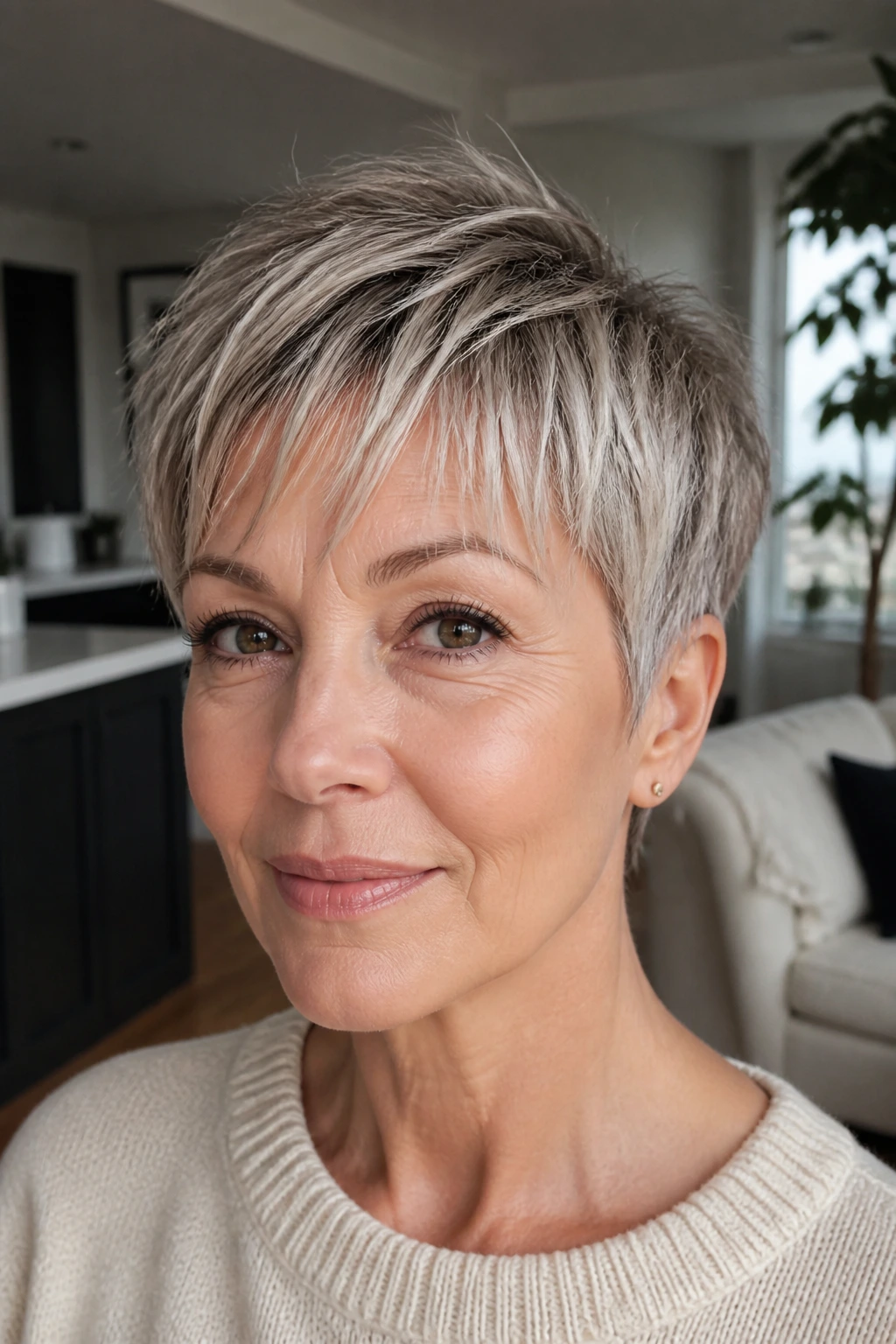 Close-up portrait of a woman with a short crop and piecey fringe under daylight