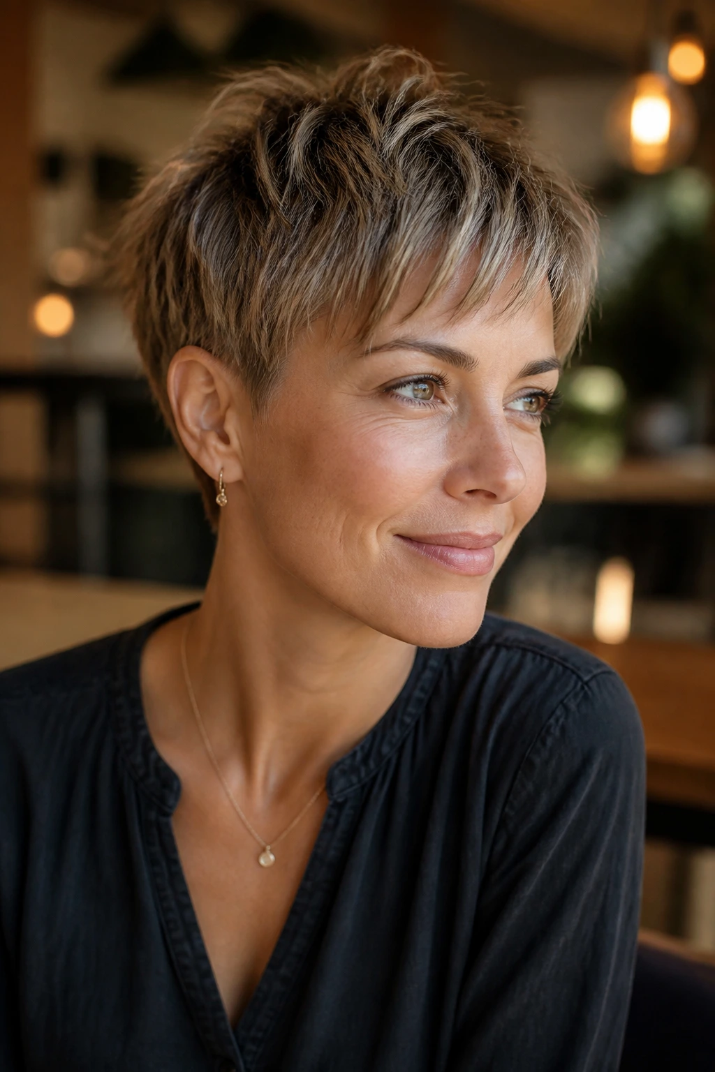 Close-up portrait of a real woman with a short crop and piecey top