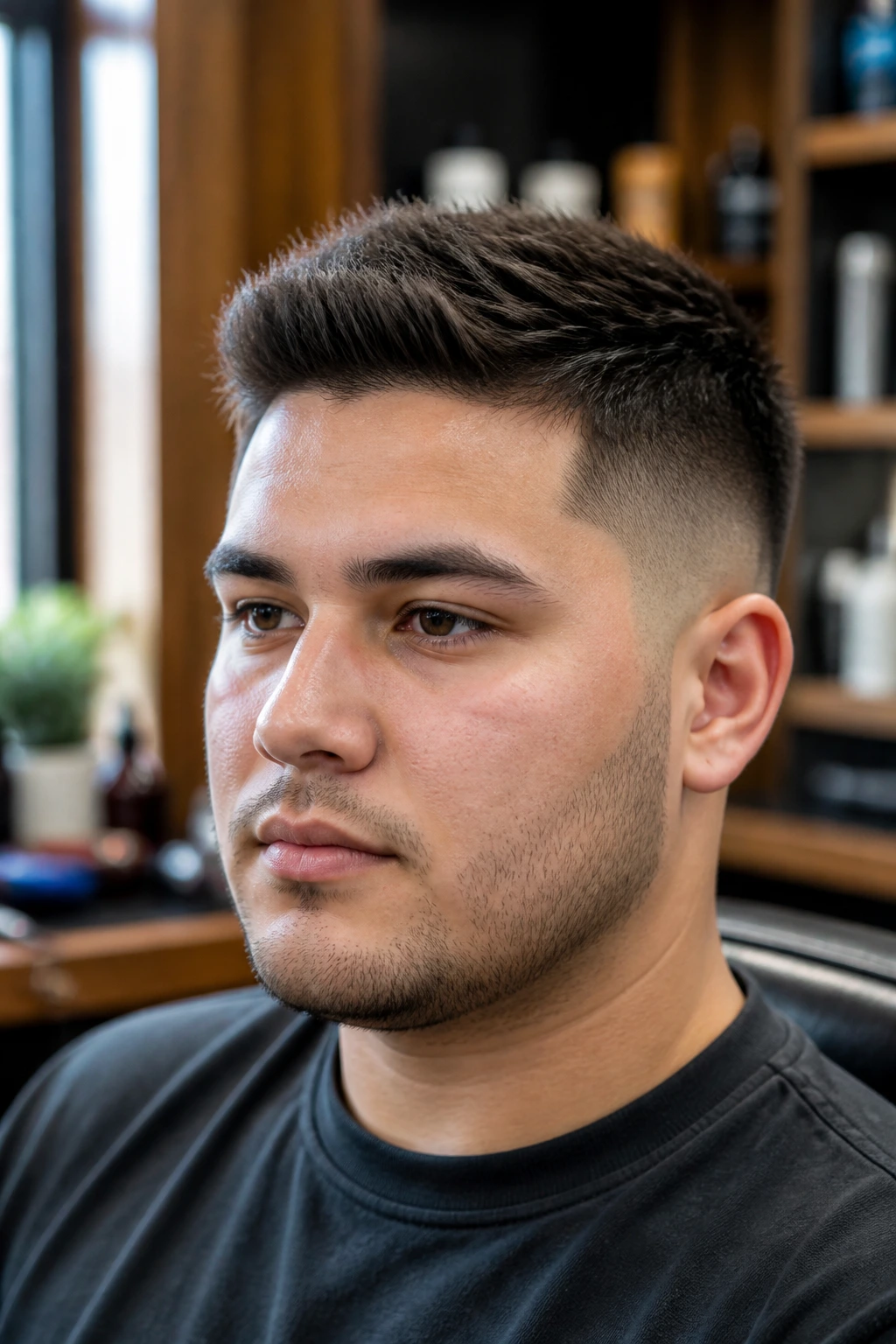 Close-up portrait of a man with a short textured crop for round faces