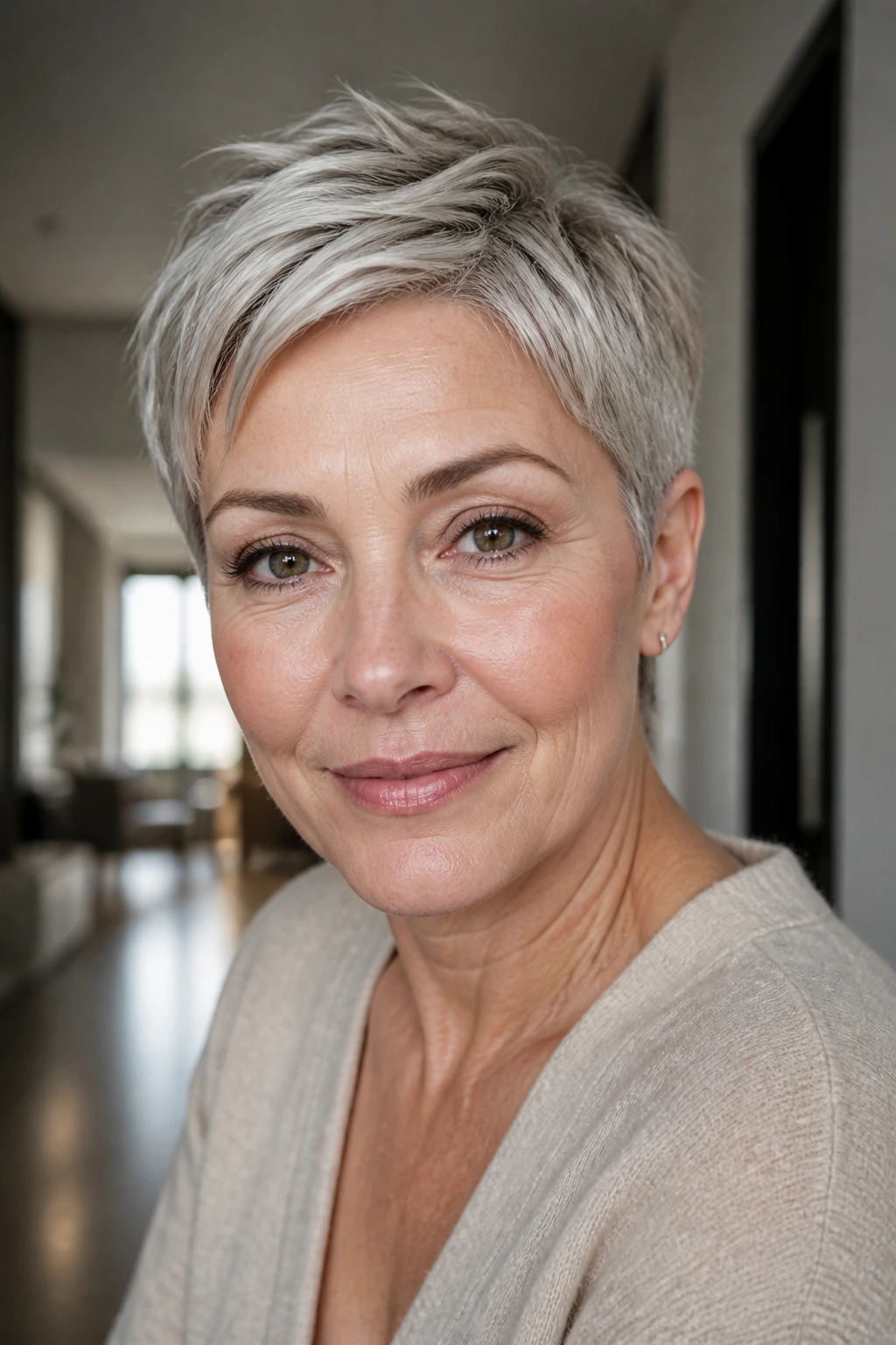 Close-up portrait of a real woman with a short crop and tucked sides