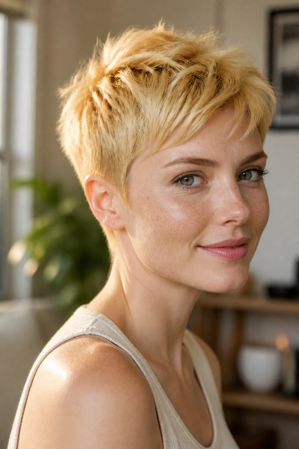 Close-up portrait of a real person with a sunny short crop in vibrant yellow-blonde hair, natural window light.
