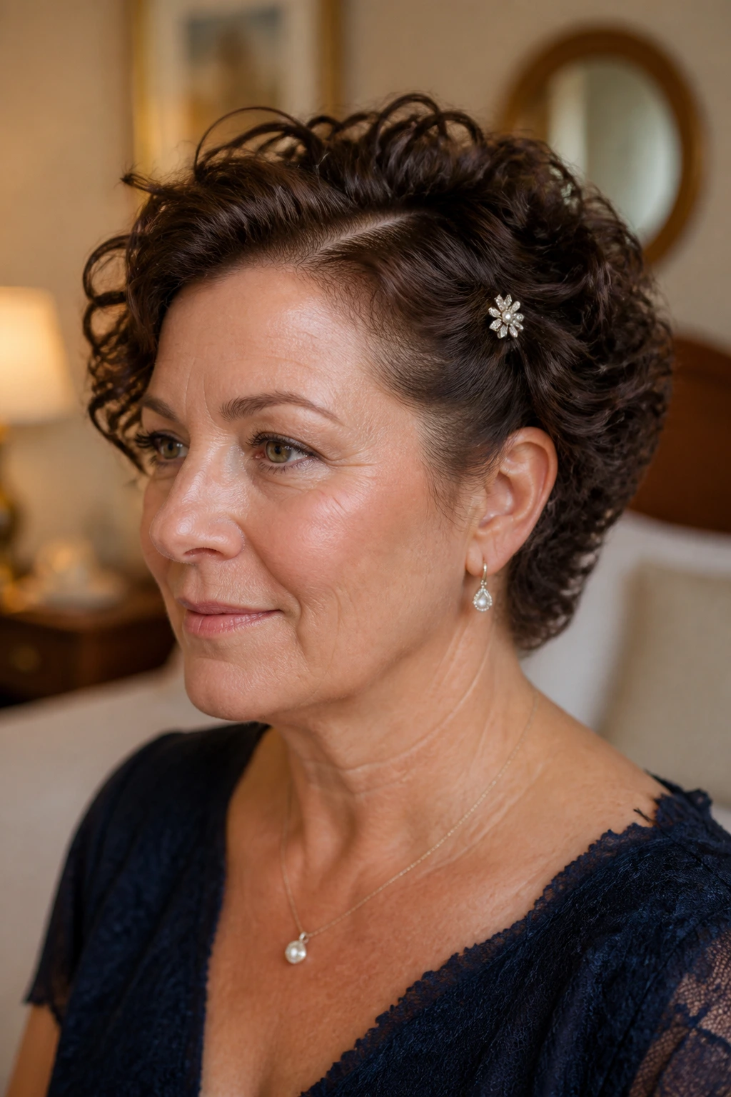 Close-up of a real woman with a short curly hair sculpted into a side pin.