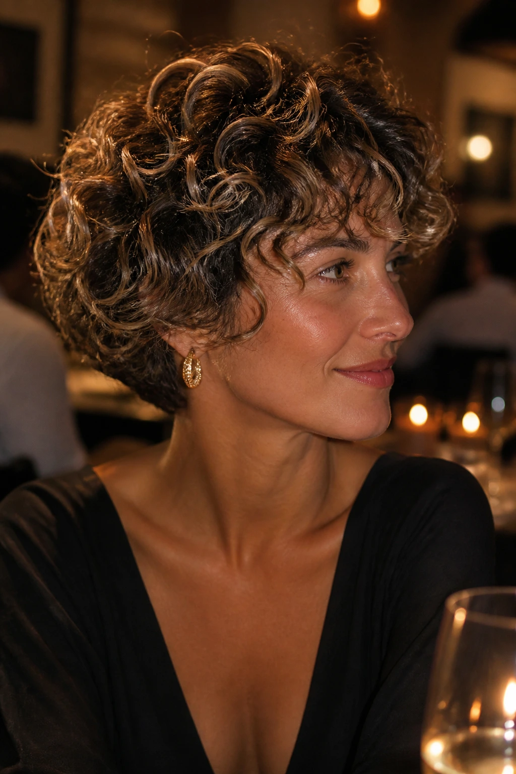 Real person with short curls and babylights catching dinner light