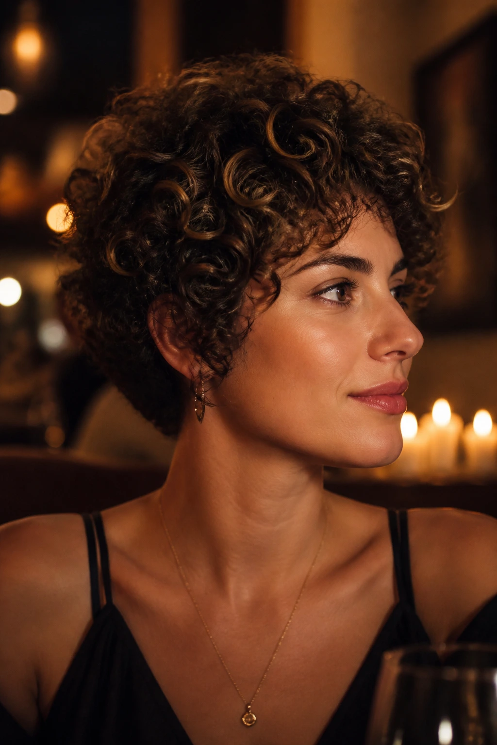 Close-up of short curls with interior lowlights illuminated by candlelight