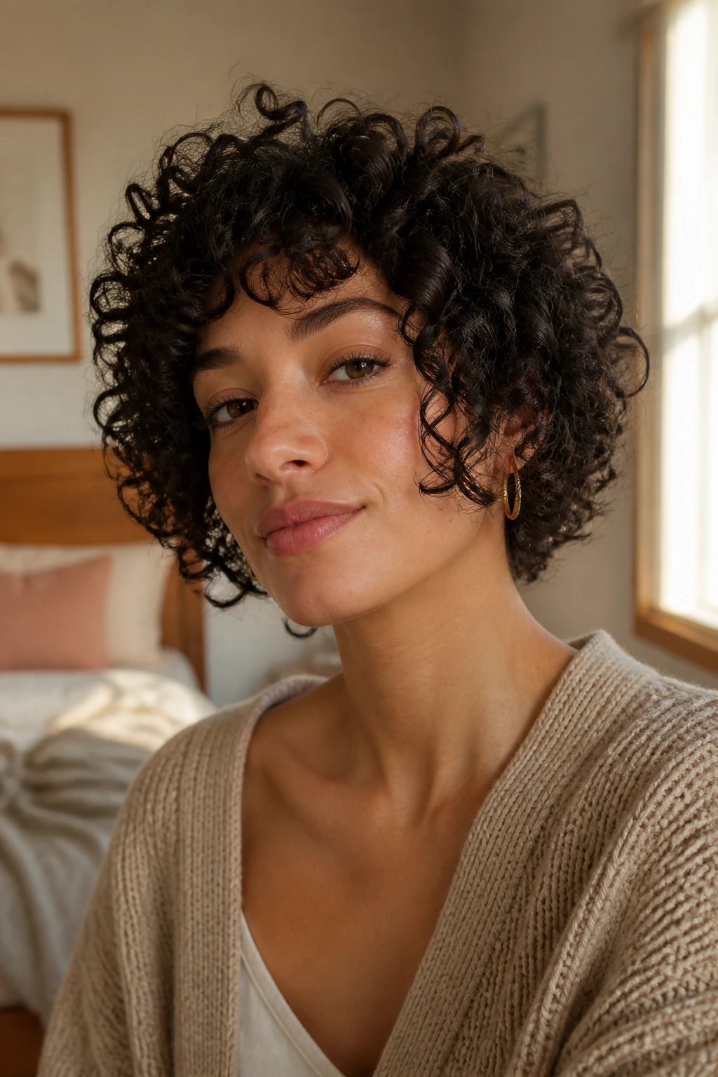 Close-up of a real person with short curly hair and front face-framing pieces showcasing an intentional cut