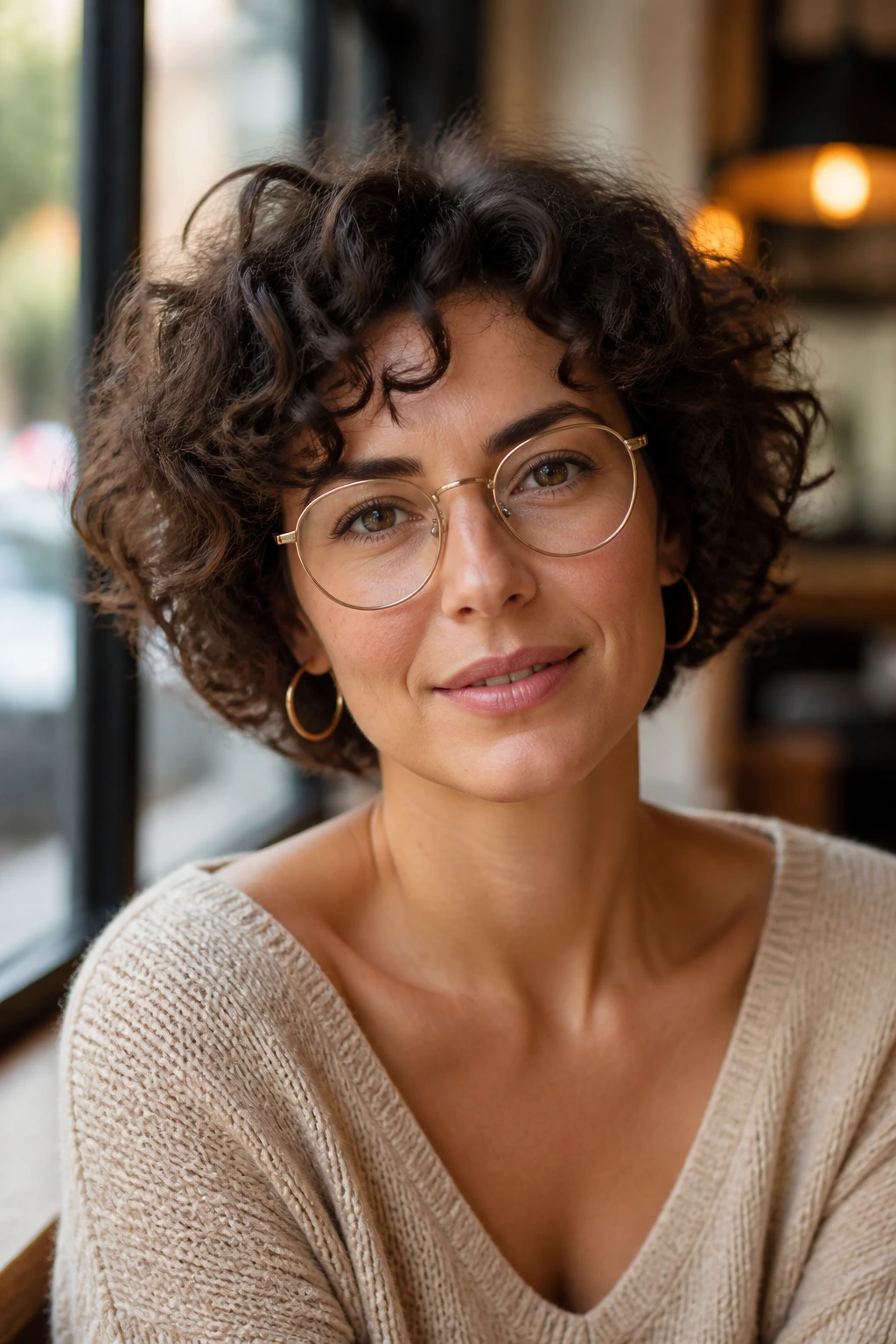 Real person with short curls wearing earrings and glasses.
