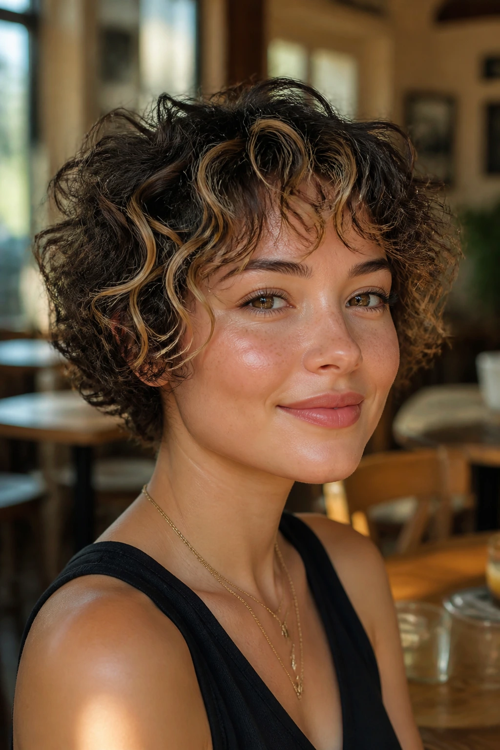 Close-up portrait of a real woman with a short springy cut and skinny highlight streaks in a cafe