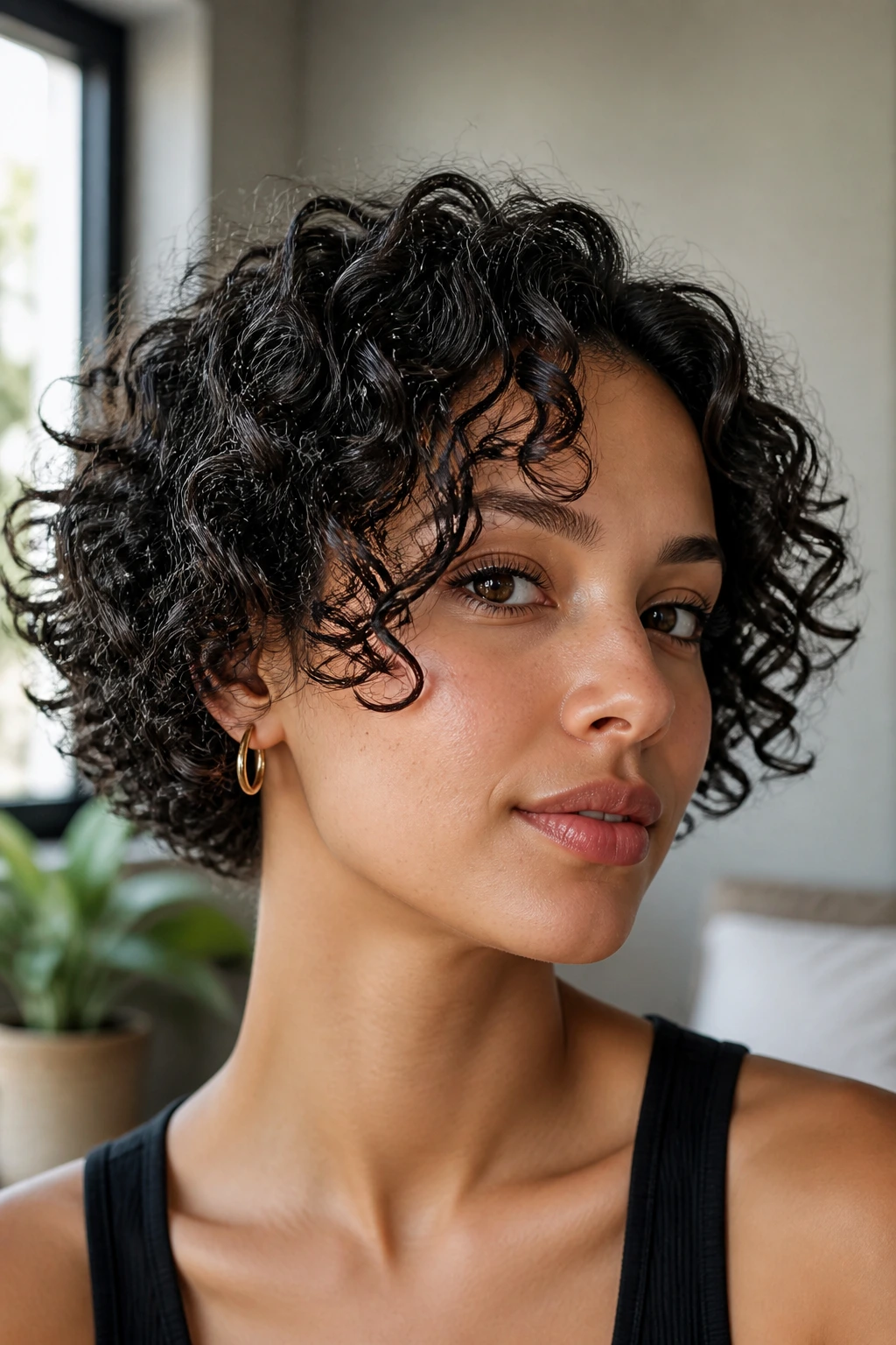 Close-up portrait of a woman with chin-length curls showing defined texture.