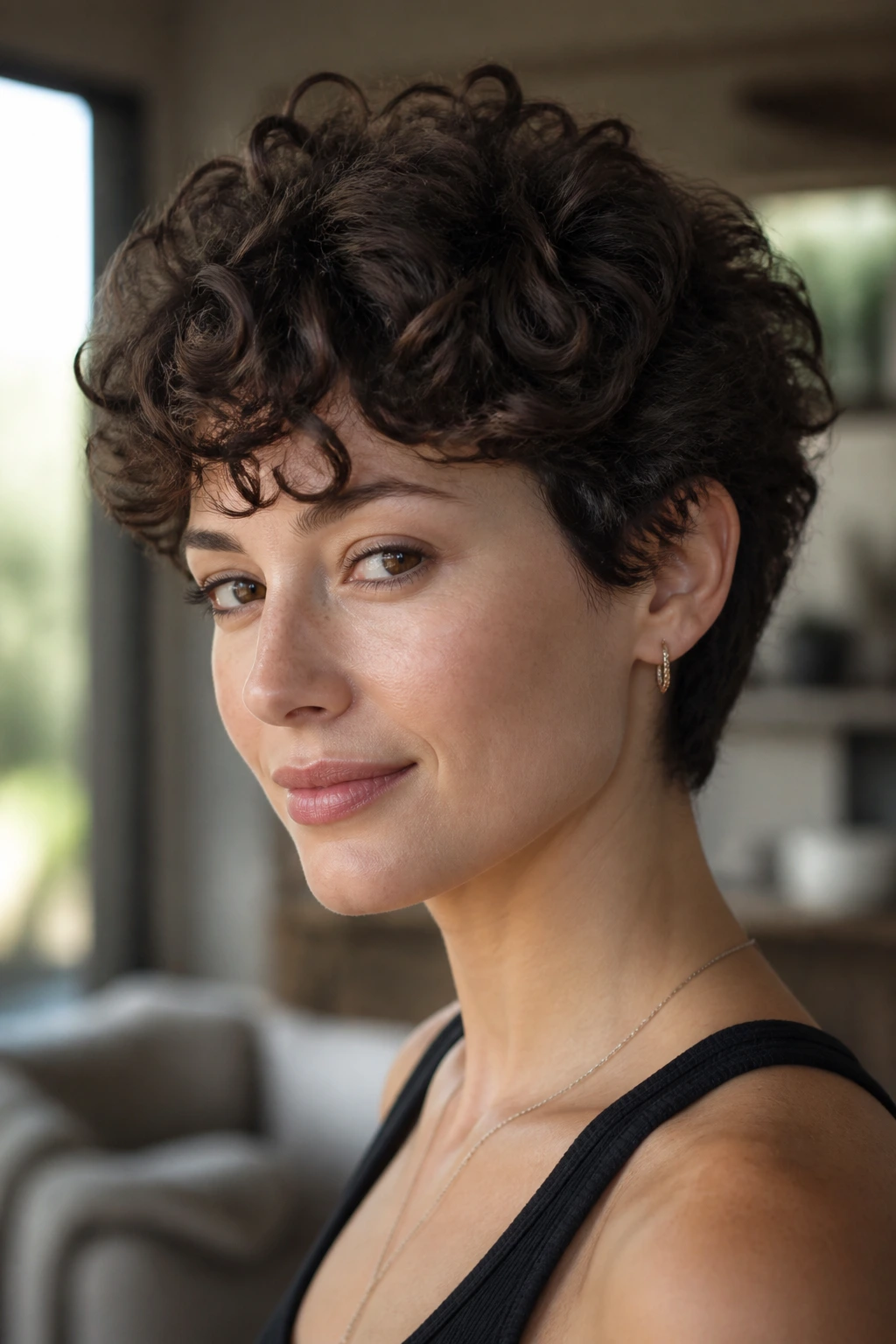 Close-up portrait of a real woman with short curly hair showing lifted crown shape